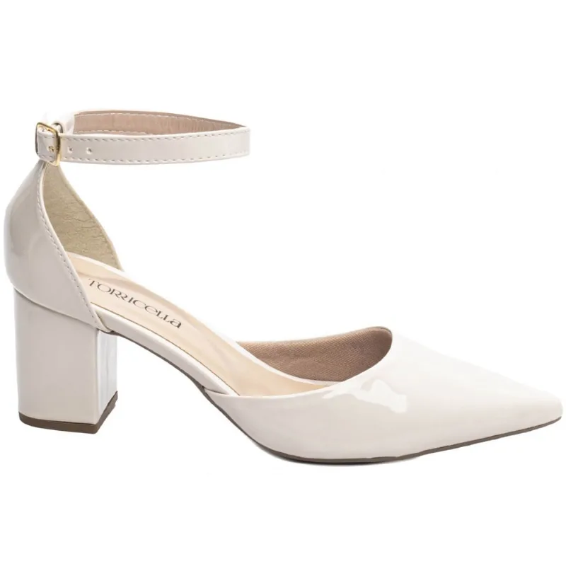 Sapato Scarpin Salto Médio Baixo Grosso Bico Fino 6,5cm Off White Branco Torricella