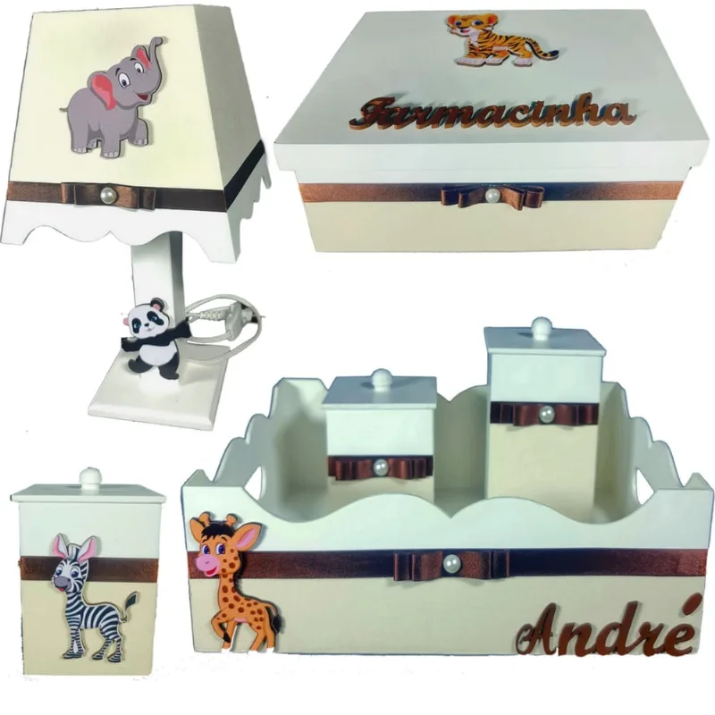 Kit de Higiene de bebê madeira Mdf unissex 6 pçs - safari branco com palha