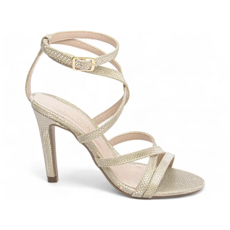 Sandália Salto Alto Fino Feminina Croco Brilho Metalizado 9cm Ouro Light Torricella
