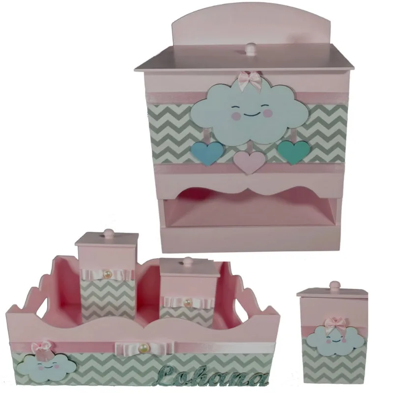 Kit de Higiene de bebê madeira Mdf Menina 5 pçs - chuva amor rosa chevron cinza