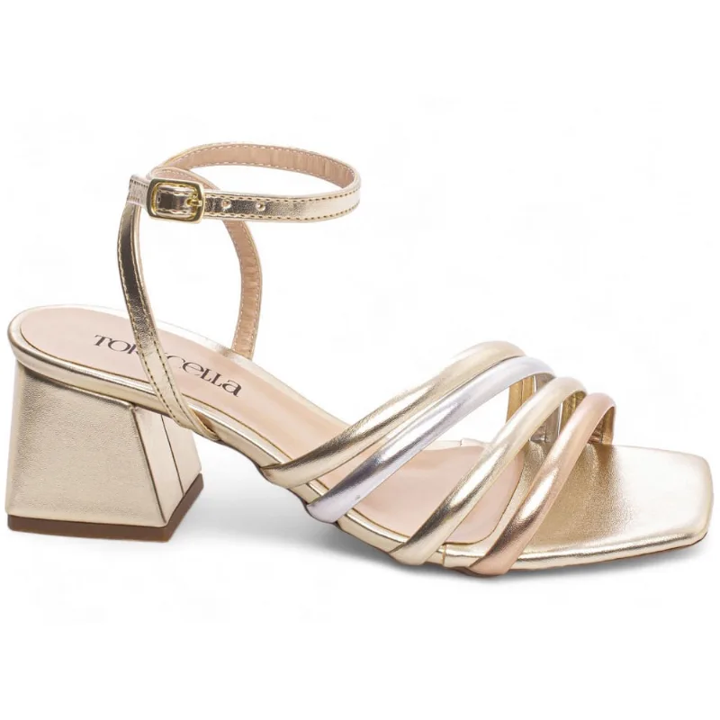 Sandália Feminina Salto Médio Baixo Bloco Grosso Tiras 5,5cm Ouro Ligth Torricella