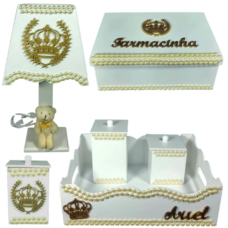 Kit de Higiene de bebê madeira Mdf unissex 6 pçs - branco com pérolas coroa