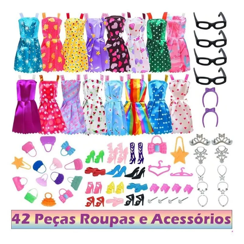3x Kit 42 Peças Para Barbie Boneca Roupas Acessórios Bolsas
