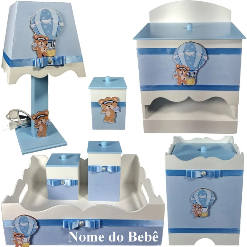 Kit de Higiene de bebê Mdf quarto menino 7 pçs - ursinho balão branco E azul bb tampas azul