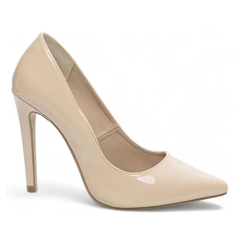 Sapato Scarpin Salto Alto Stiletto Bico Fino Feminino 12 cm Verniz Bege Torricella