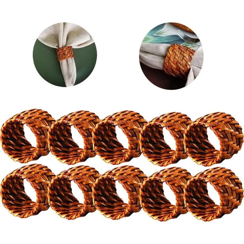 Kit 10 Anéis Para Guardanapo Em Rattan E Bambu Claro Rústico