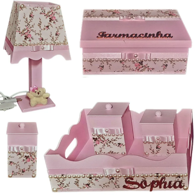 Kit de Higiene de bebê madeira Mdf menina 6 pçs - rosa E branco florido com pérolas