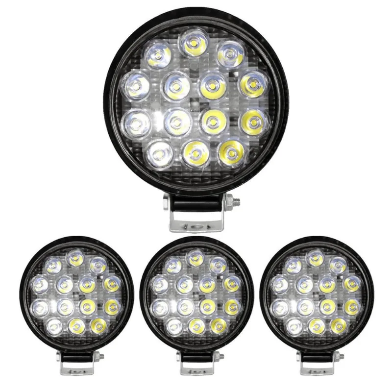 Kit 4 Farol 14 Leds Milha Off Road Redondo 42W Jeep 12V/24V