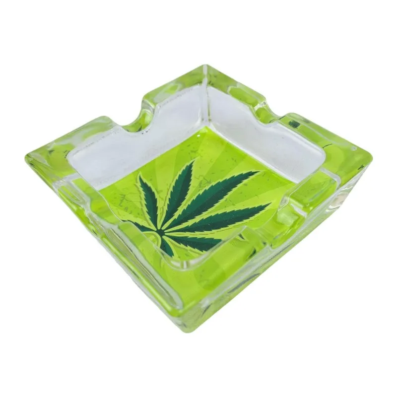 Cinzeiro De Vidro Folha Verde Quadrado Desenhado Presente