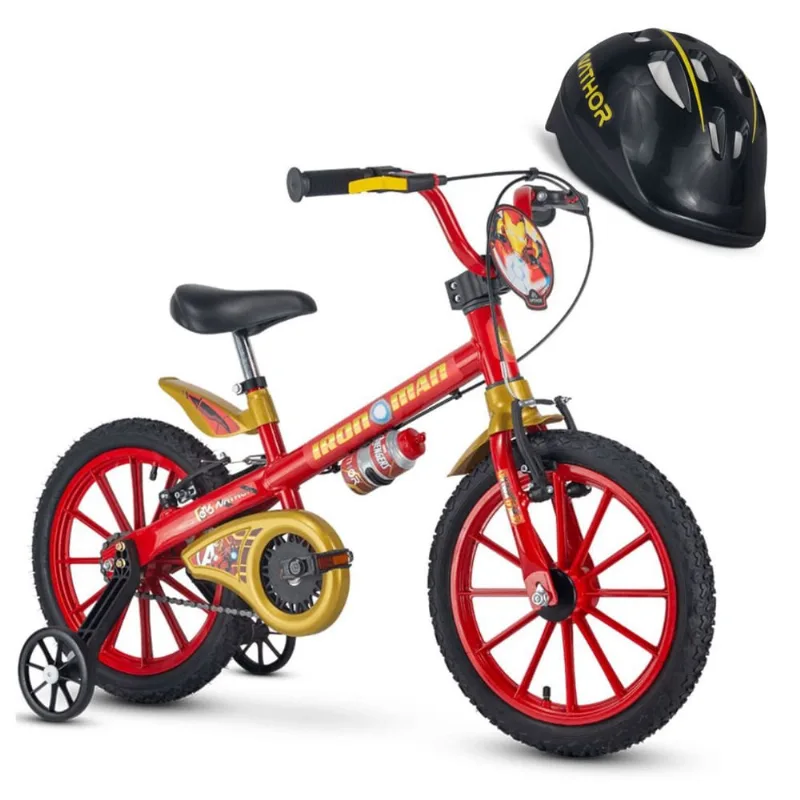 Bicicletinha Homem de Ferro com Rodinha Aro 16 Nathor com Capacete Preto