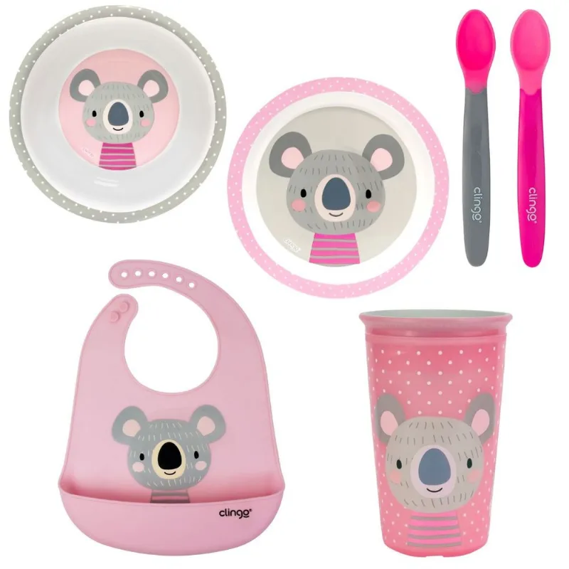 Kit Alimentação Coala Clingo Rosa e Cinza com 6 Itens Mod 1