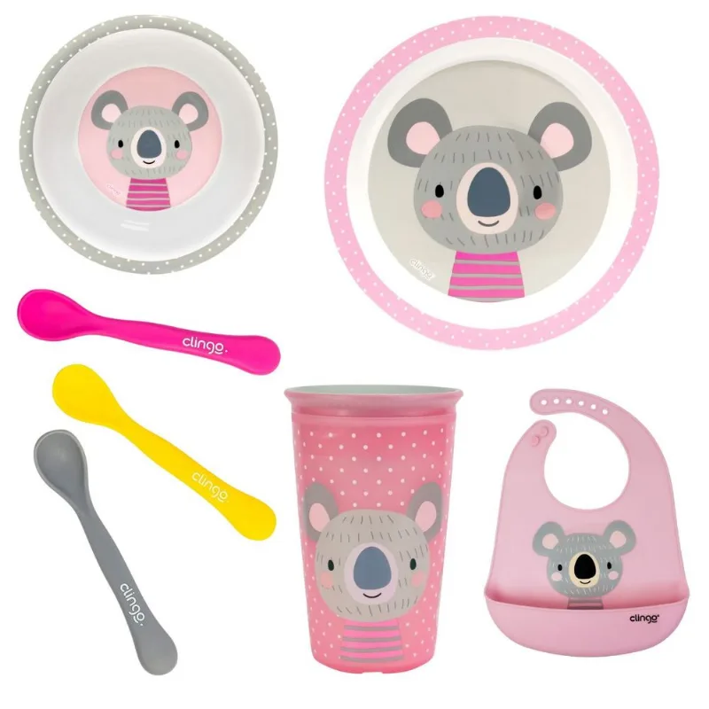 Kit Alimentação Coala Clingo Rosa e Cinza com 7 Itens