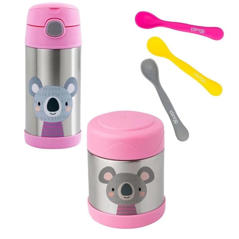 Kit Alimentação Coala Clingo Rosa e Cinza com 5 Itens