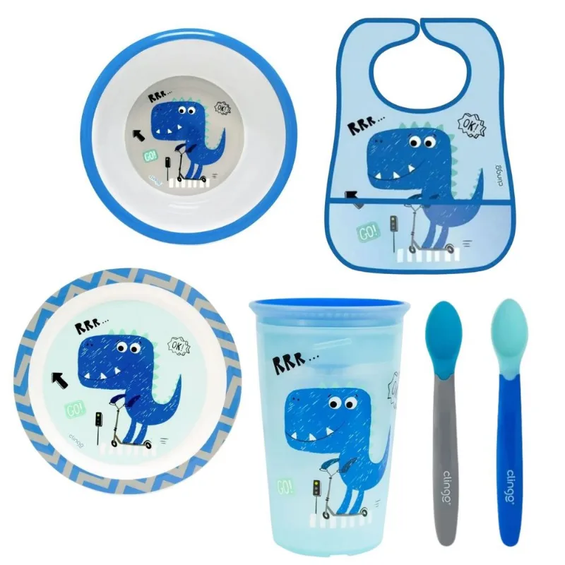 Kit Alimentação Dino Clingo Azul com 6 Itens Mod 1
