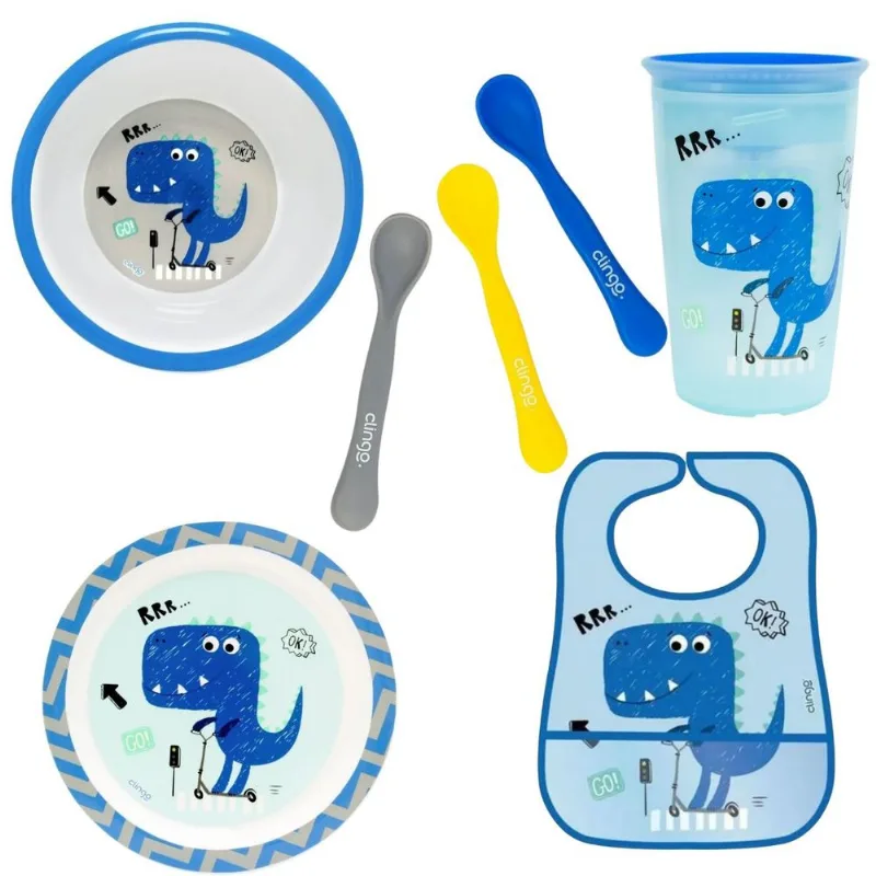 Kit Alimentação Dino Clingo Azul com 7 Itens
