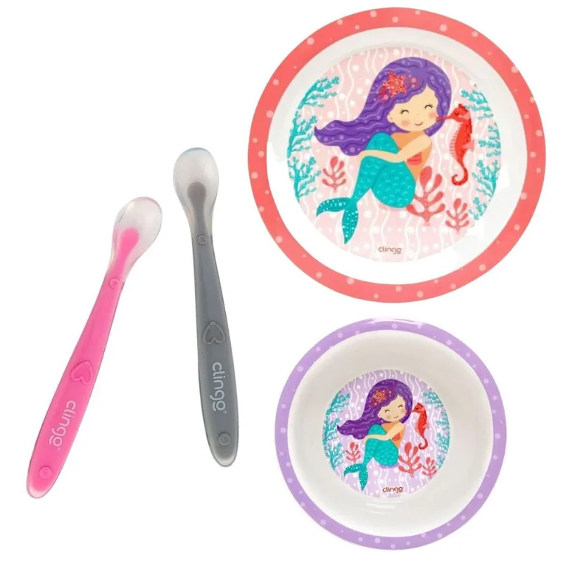 Kit Alimentação Sereia Clingo Rosa e Lilás Com 4 Itens Mod 2