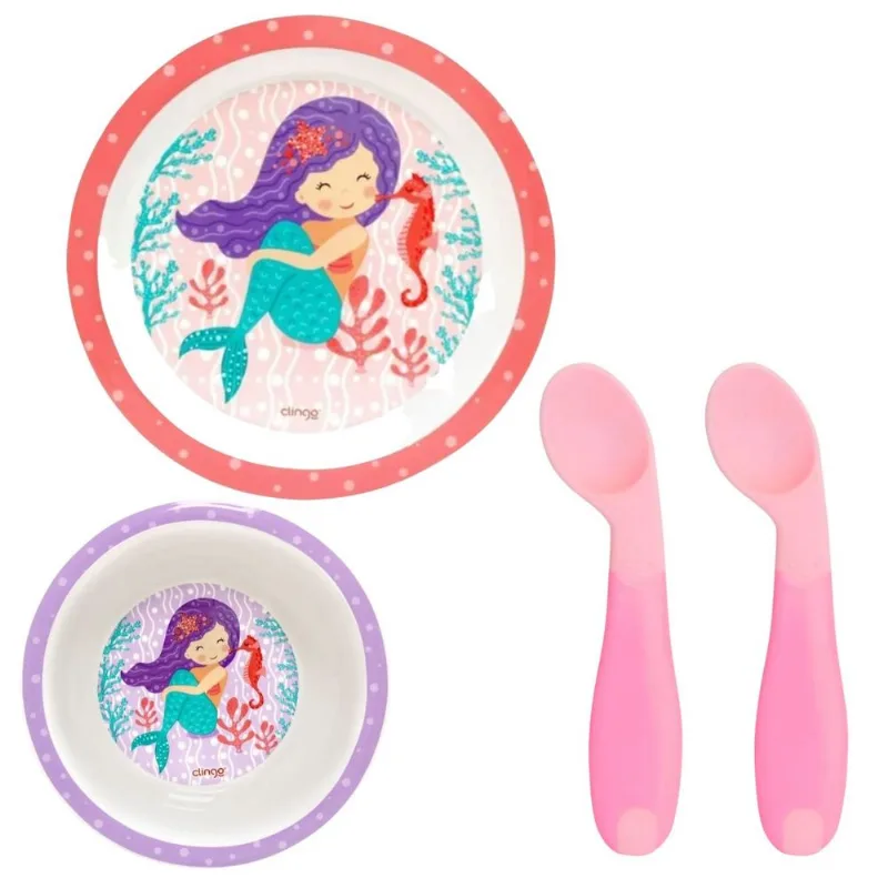 Kit Alimentação Sereia Clingo Rosa e Lilás Com 4 Itens Mod 3