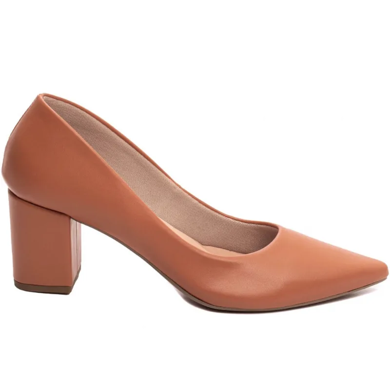 Sapato Scarpin Salto Médio Baixo Grosso Bico Fino 6,5 cm Caramelo Torricella