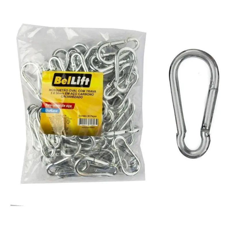 2x Kit 50 Mosquetão 5x50mm Aço Galvanizado Com Trava Beltool