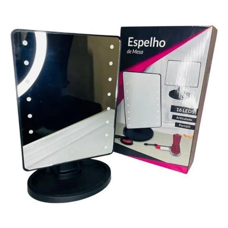 Espelho Mesa Portátil 16 Leds Botão Touch à Pilha Cabo Usb