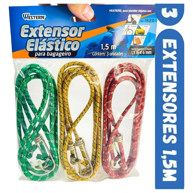 Kit 3 Extensor Corda Elástico 1,5m Bagageiro Moto Bike Carro