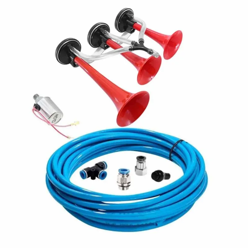 Kit Buzina Ar 3 Cornetas Verdureiro + Mangueira Válvula