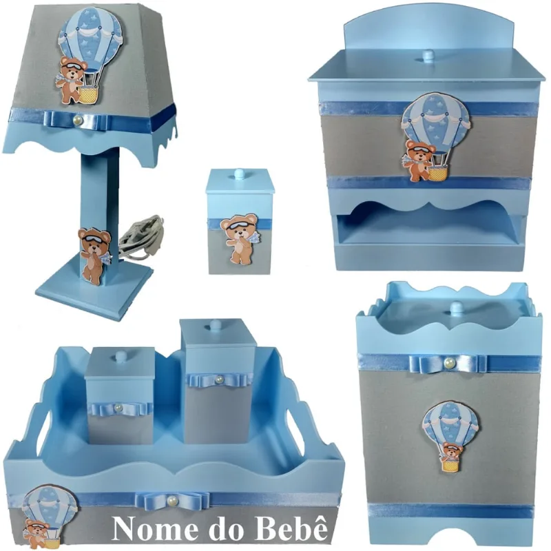 Kit de Higiene de bebê madeira Mdf menino 7 pçs - ursinho balao azule cinza