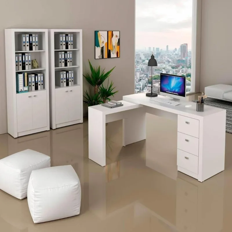 Kit Escritório com Mesa em l e Armários 4 Portas 3 Gavetas MDP Branco Tecno Mobili - Tecno Mobili