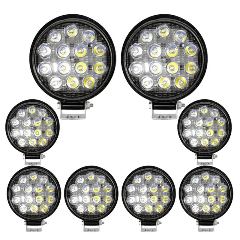Kit 8 Farol 14 Leds Milha Off Road Redondo 42W Jeep 12V/24V