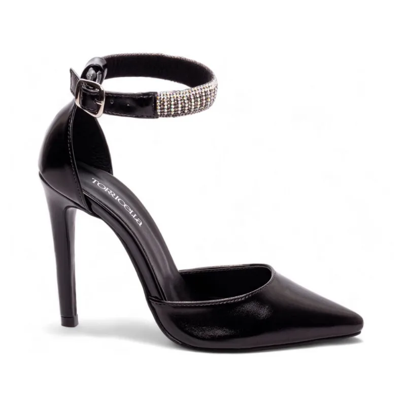 Sapato Scarpin Salto Alto Stiletto Bico Fino Feminino 12 cm Strass Preto Torricella