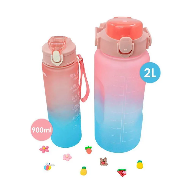Garrafa Galão De Agua 2L E 900ML Degrade Com Figurinhas Adesivos 3D Rosa