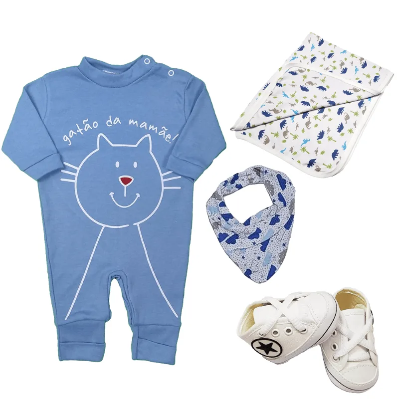 Kit 4 Peças Bebês Macacão Taylor e Bandana Sapatinhos Cueiro