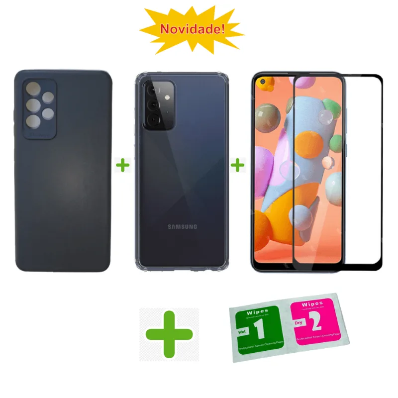 Kit 1 Capa em Couro 1 Transparente + Película 9D Samsung A72 - Preto