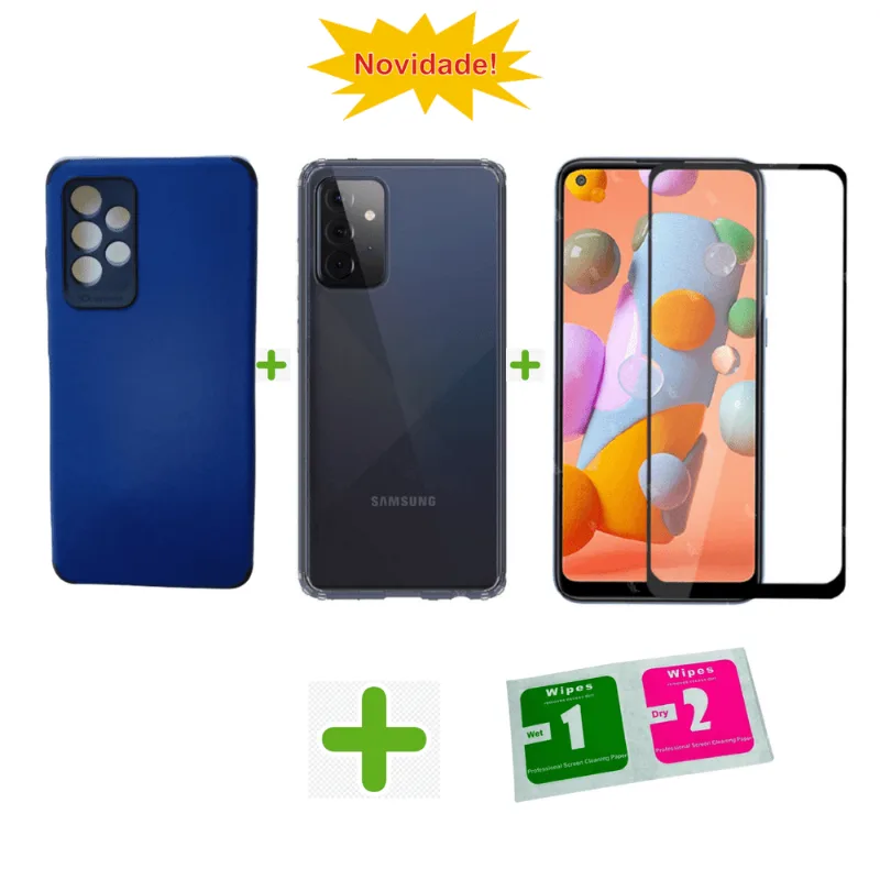 Kit 1 Capa em Couro 1 Transparente + Película 9D Samsung A72 - Azul