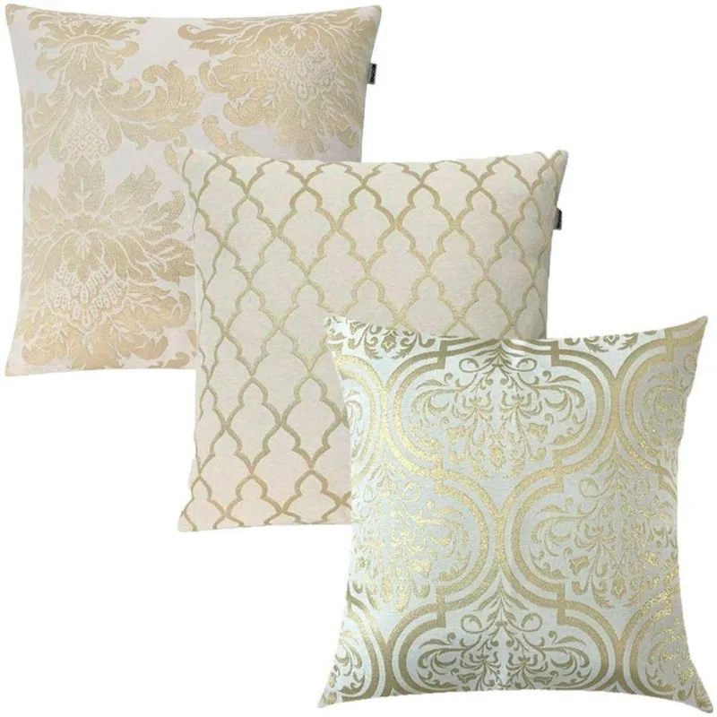 Kit 3 Capas de Almofadas Luxo Adamascado, Listrado e Medalhão Dourado e Branco 45x45cm