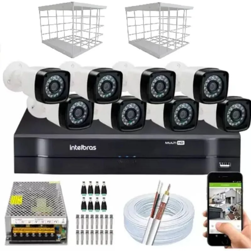Kit 8 Câmeras + Dvr Intelbras + Câmeras Hd 720p 20m Infravermelho + Fonte, Cabos E Acessórios