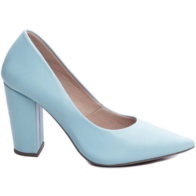 Sapato Scarpin Salto Alto Grosso Bico Fino 9cm Azul Torricella