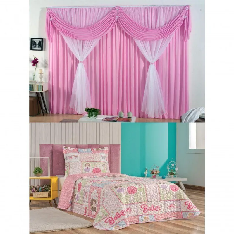Cortina Jessica Quarto Menina E Colcha Matelada - Rosa