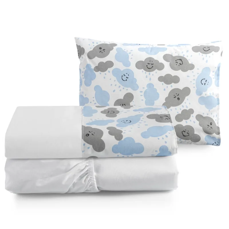 Kit 3pçs Lençol para Bebê Mini Cama Nuvem Azul Moderno