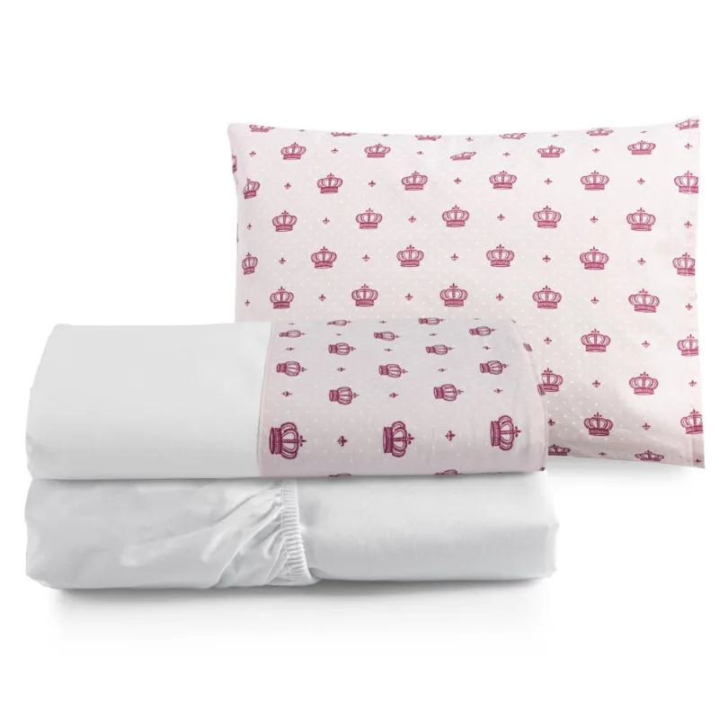 Jogo 3pçs Lençol para Bebê Mini Cama Coroa Rosa Moderno