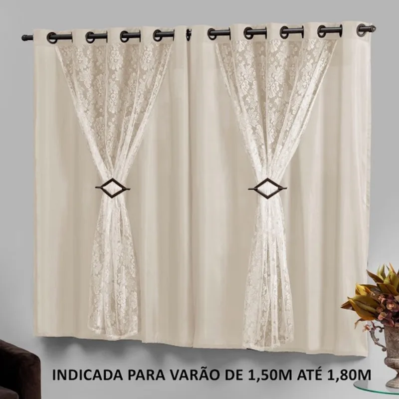 Cortina para Quarto 2,20x1,30 Bege com Renda Palha Marrocos