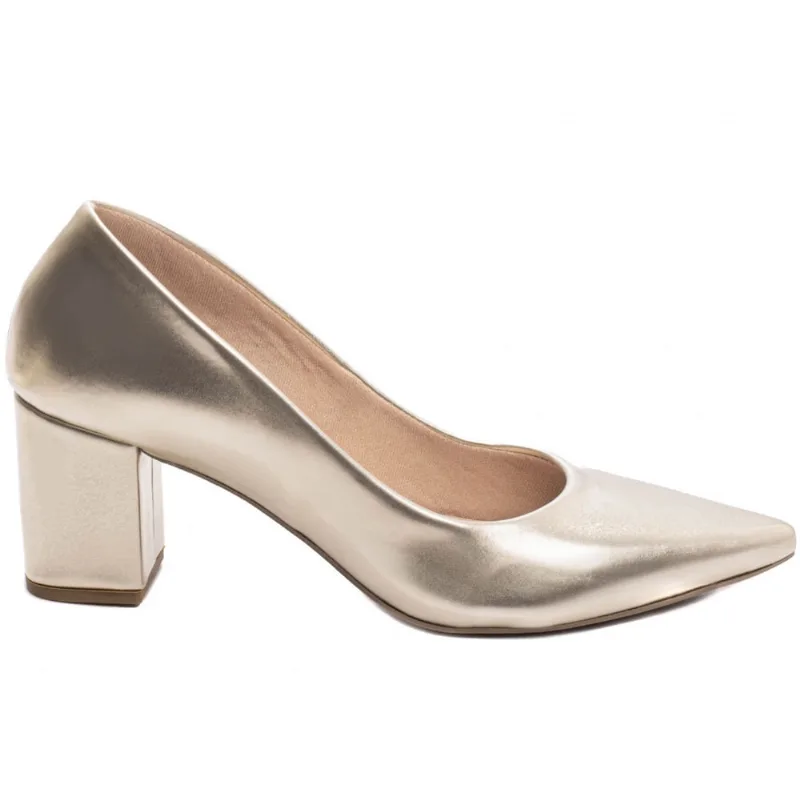 Sapato Scarpin Salto Médio Baixo Grosso Bico Fino 6,5 cm Ouro Ligth Amarelo Torricella
