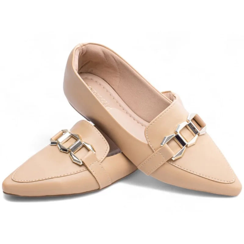 Sapato Sapatilha Mocassim Rasteiro Feminino Bico Fino Bege Torricella