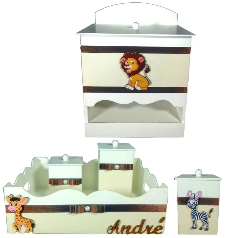 Kit de Higiene de bebê madeira Mdf Menino 5 pçs - safari branco com palha
