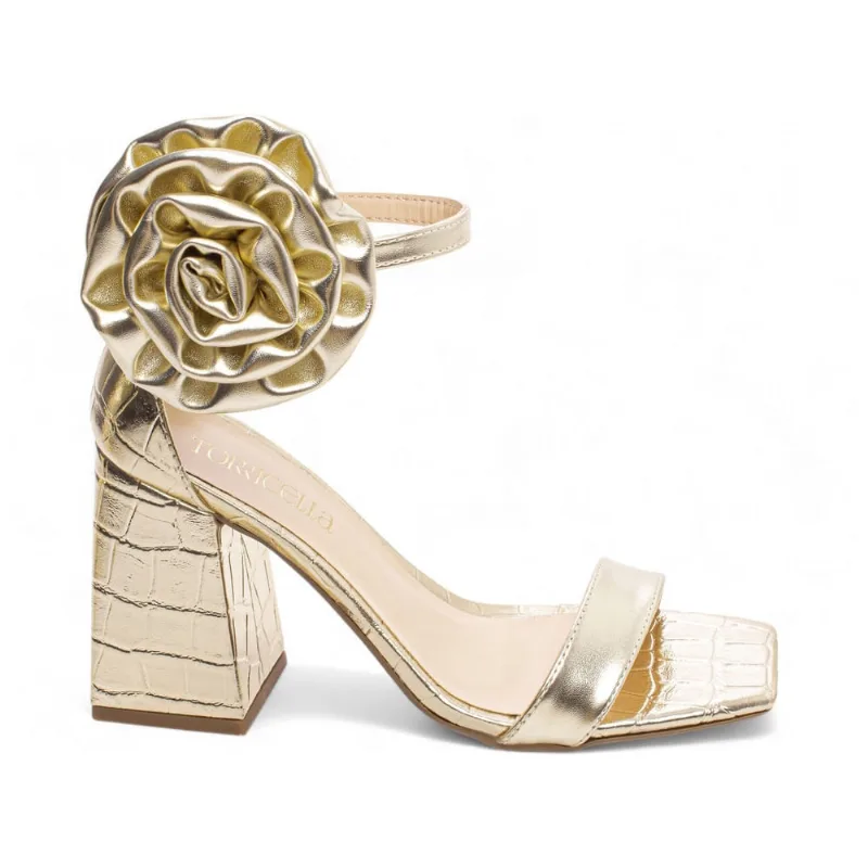 Sandália Feminina Salto Alto Bloco Grosso Bico Quadrado Flor 9cm Ouro Ligth Torricella