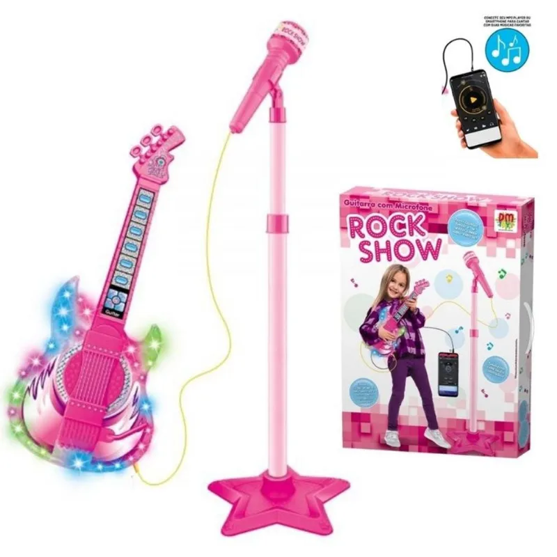 Guitarra Infantil Com Microfone E Pedestal Dm Toys Rosa