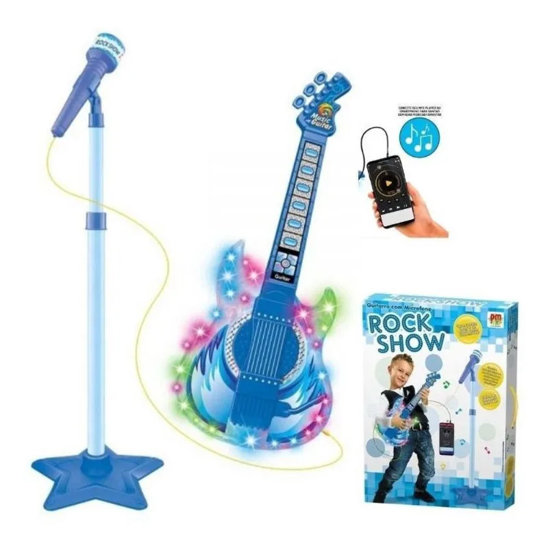 Microfone Com Guitarra Infantil Som E Luz Meninos Rock Show