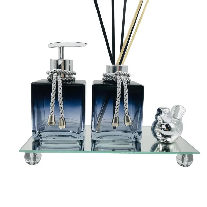 Kit Lavabo Luxo Cubo Azulado Deg Bandeja Espelhada Cor Prata