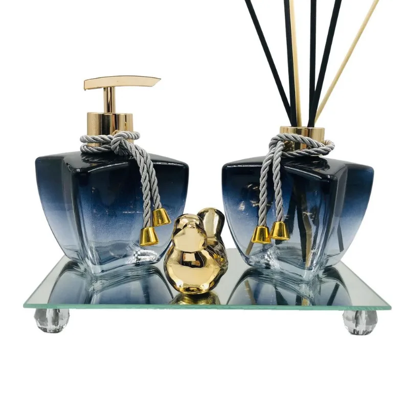 Kit Lavabo Luxo + Enfeite Dourado + Bandeja Espelhada