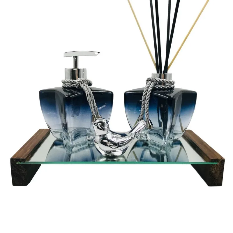 Kit Lavabo Luxo Estrela Azulado + Bandeja Espelhada Rústica